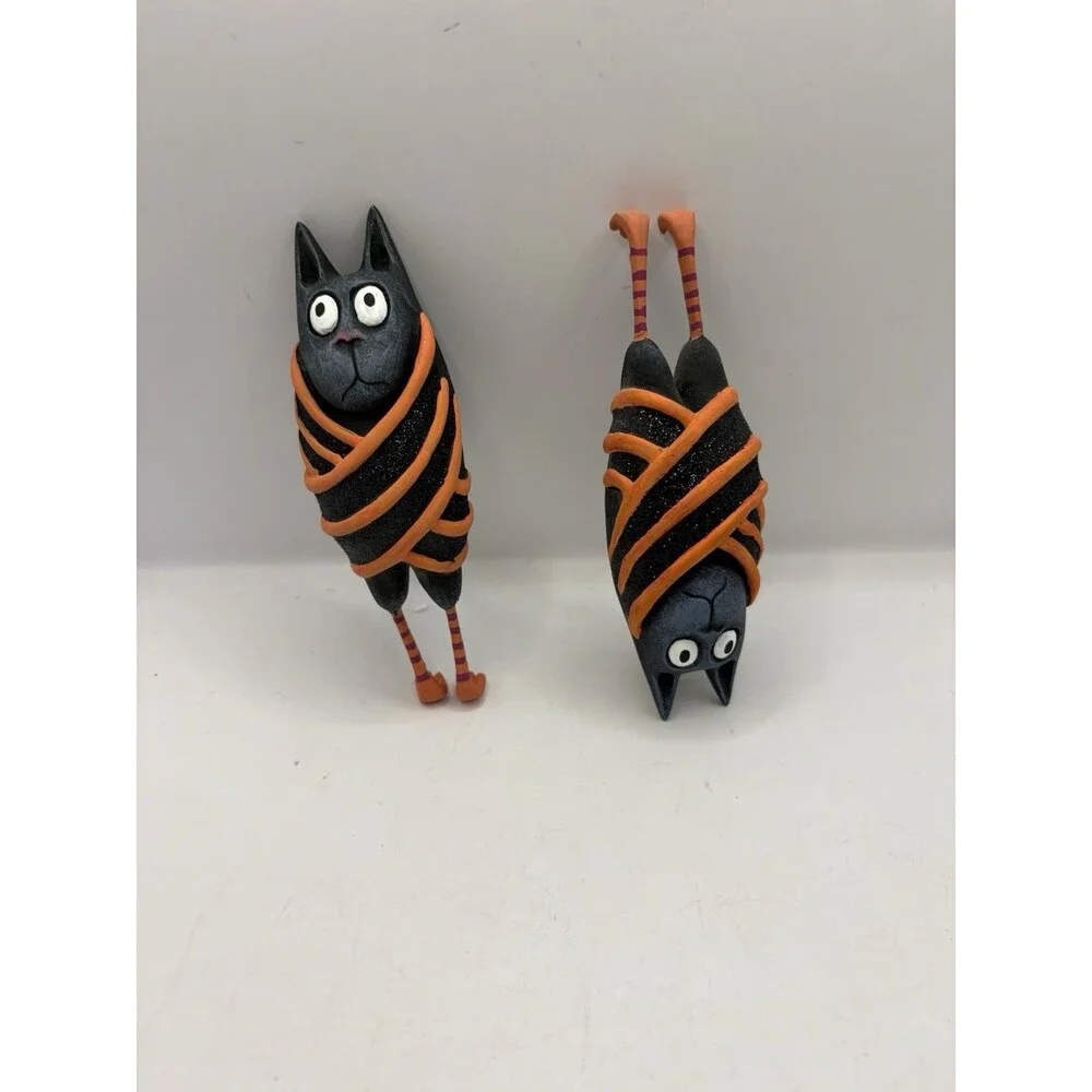 Patience Brewster Set Of 2 Beatrice Bat Ornaments Black Orange Striped Glitter